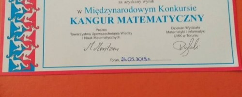 Sukces w Międzynarodowym konkursie - Kangur Matematyczny 2019